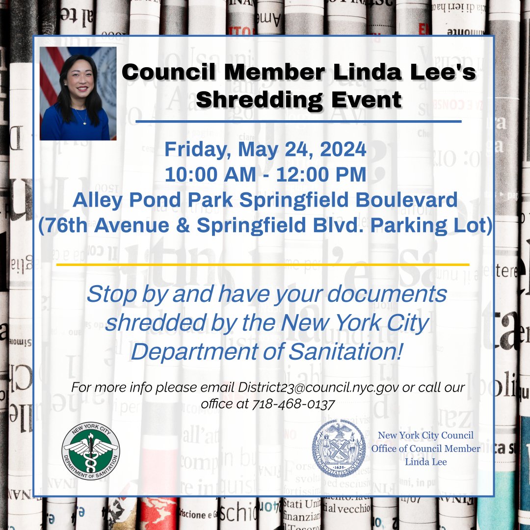 Do you have unwanted papers with personal information? Join us on Friday, May 24th for a shredding event with @NYCSanitation at Alley Pond Park Springfield Blvd. The truck will be present from 10:00 AM to 12:00 PM so stop by to safely discard your unwanted documents!