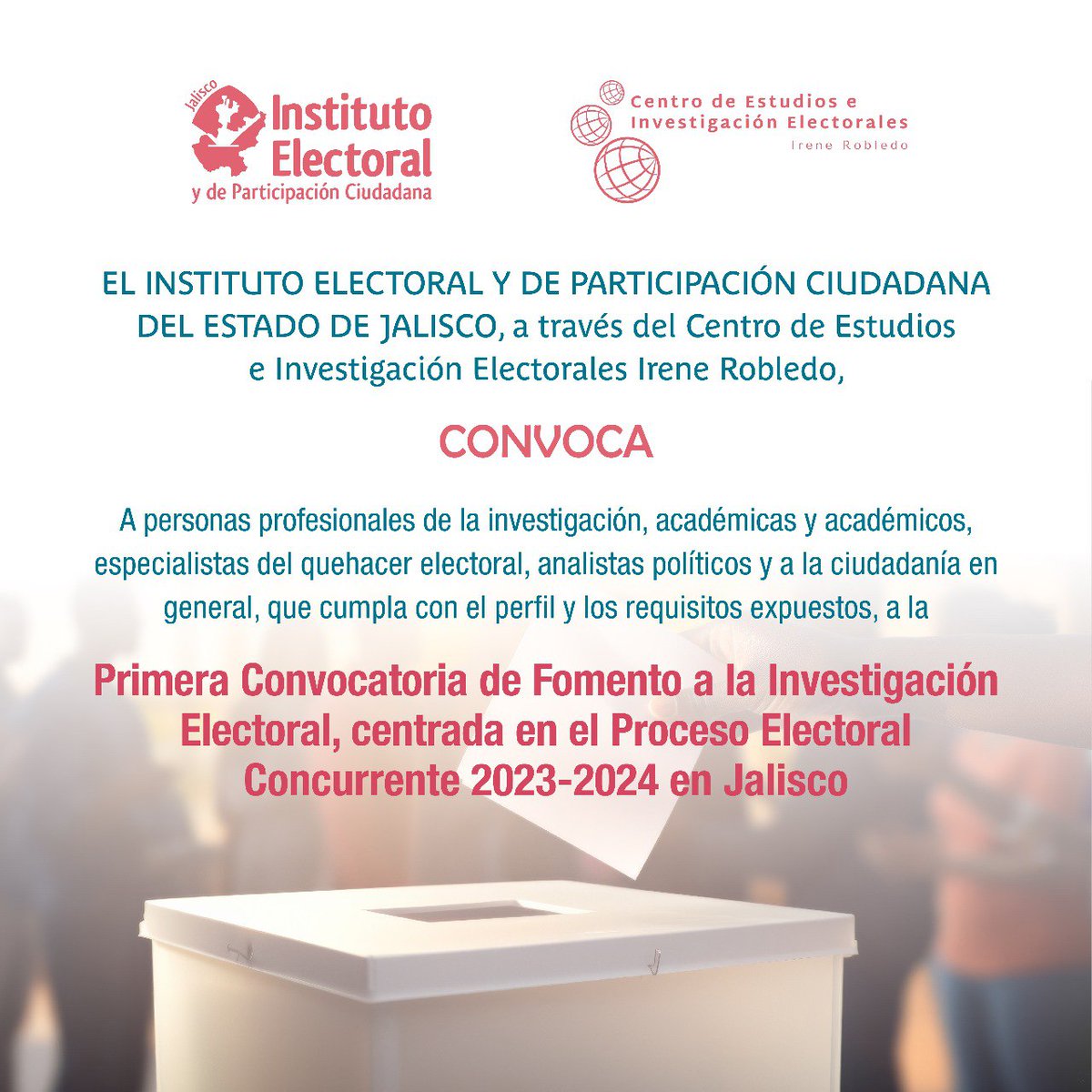 Te invitamos a participar en la 1er convocatoria de Fomento a la Investigación Electoral, centrada en las #Elecciones2024MX en Jalisco, podrás consultar las bases, temáticas y registro en el siguiente link: 
➡️ iepc.cc/NrRpvd9

#TuVozEsElPoder #IEPCesChido #EsNetaVota