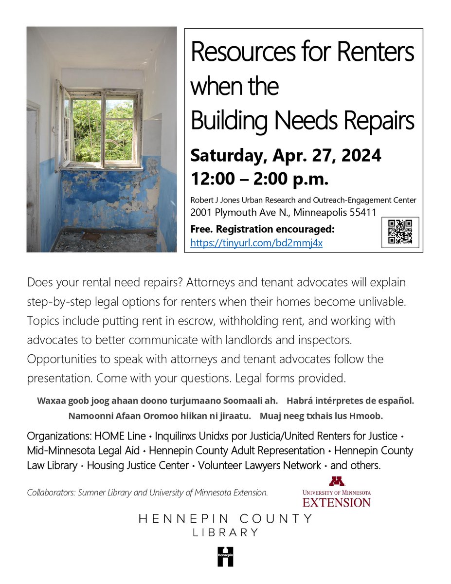 Hello! Next weekend, on Sat. 4/27 at noon, I'll be a part of this event sponsored by @hclib and partnering with so many great organizations (IX, @HsngJustice, @legal_aid_MN, @VLN_MN, and more!). I'll be teaching folks how to get your landlord to make repairs. Please share!