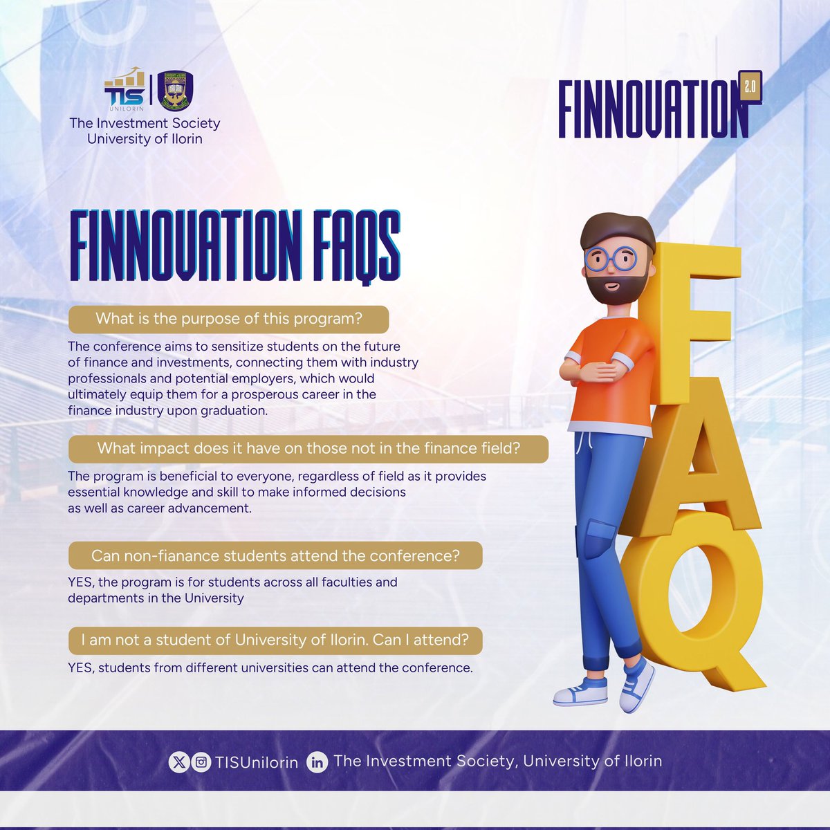 TISUnilorin's tweet photo. FINNOVATION❗ FINNOVATION❗ FINNOVATION❗

Got questions about our upcoming finance conference? We've got answers! Check out our FAQs graphics for all the details you need.🤝✨

Register for this event by clicking the link below:
https://t.co/QhPZt1yMv0

#FINNOVATION2.0 https://t.co/fWtdC7E9lx