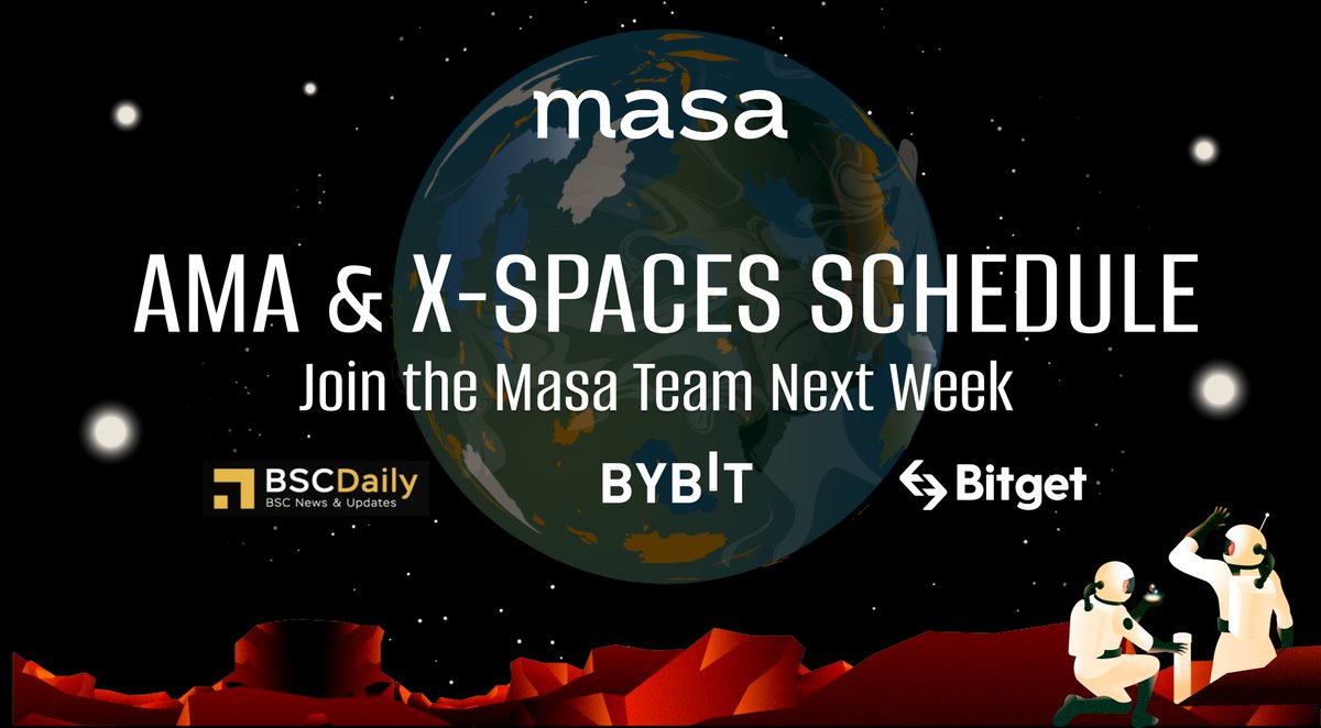 getmasafi's tweet photo. 1/The Masa Team is Broadcasting Across the Globe  🗺️

Since our Token &amp; Mainnet launch Masa has appeared on some of the biggest X spaces &amp; AMA’s, including @marionawfal, @bscdaily + more

Here is our schedule for upcoming AMAs with leading projects and exchanges🧵 https://t.co/zOBpriCYA1