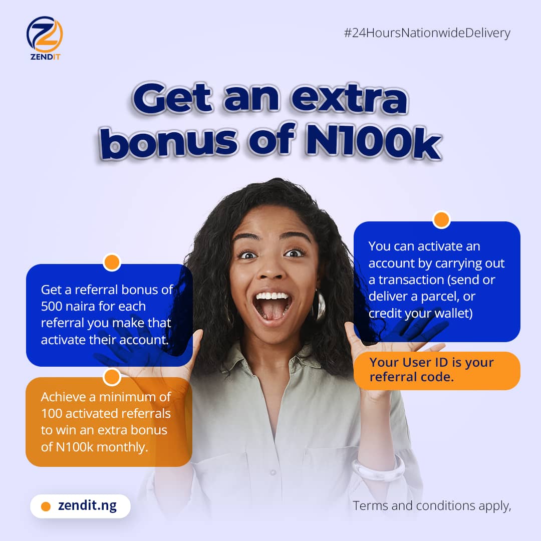 Make we run weekend money ASAP!!!
Make #500 for every referral.
Make extra #100k for every 100 referrals.

Let's go!
Hop on zendit.ng .
#zendittech
#giveaway
#stressfreedelivery