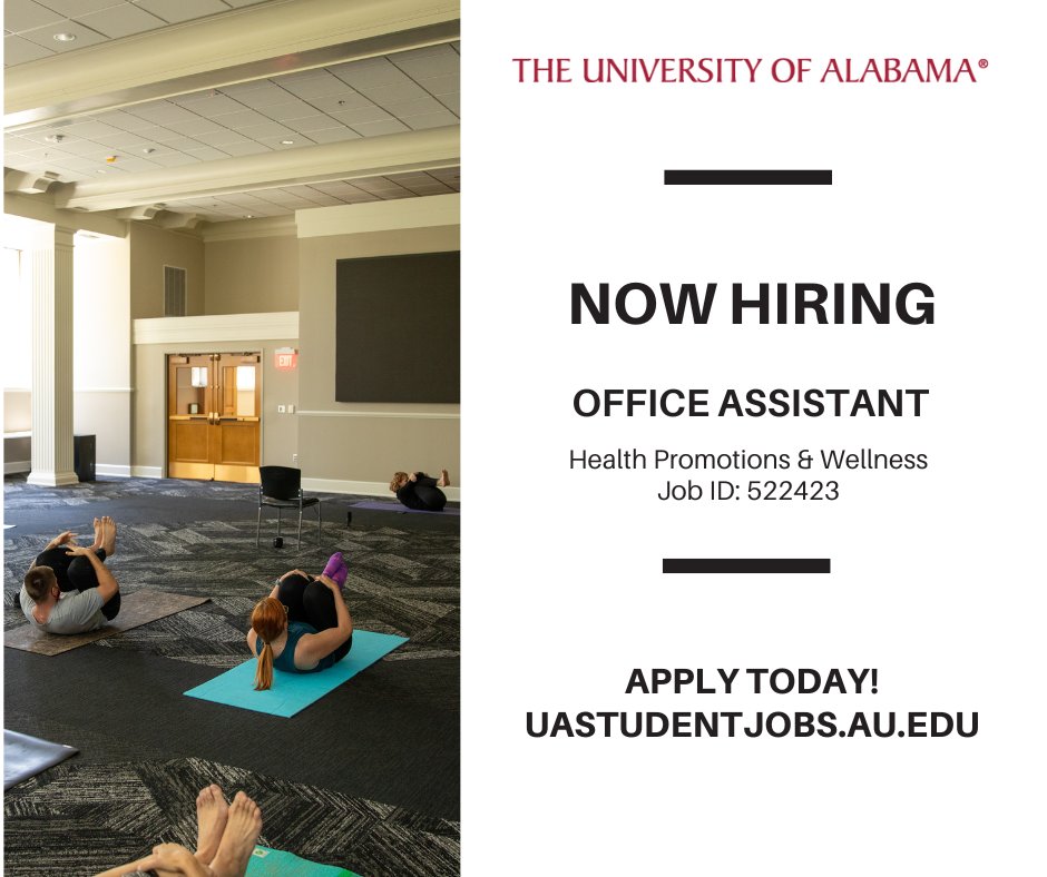 🔎Health Promotions & Wellness is searching for an Office Assistant! Apply today at uastudentjobs.ua.edu.

#UAStudentJobs #WhereLegendsAreMade #theuniversityofalabama #studentemployment #JoinOurTeam #applynow