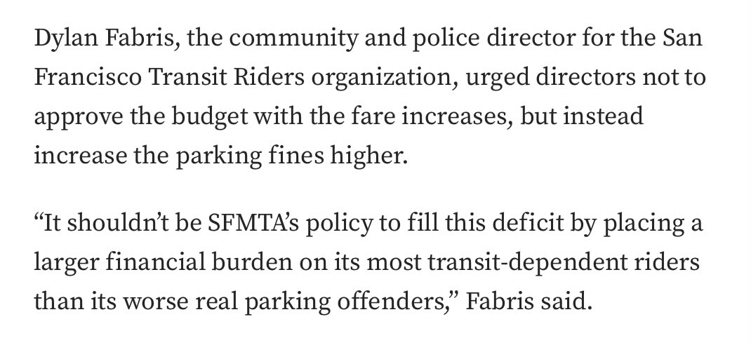 Well said, @DylanFabris/@SFTRU — increasing fares for people who take public transportation, who are disproportionately low-income people/families, low-wage workers, seniors, and people with disabilities is unacceptable! SFMTA should increase the cost of on-street car storage.