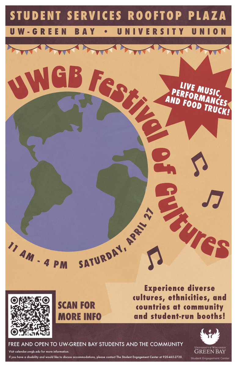 The @uwgb Festival of Cultures takes place next Saturday, April 27th where you can experience diverse cultures, ethnicities, and countries at community and student-run booths!