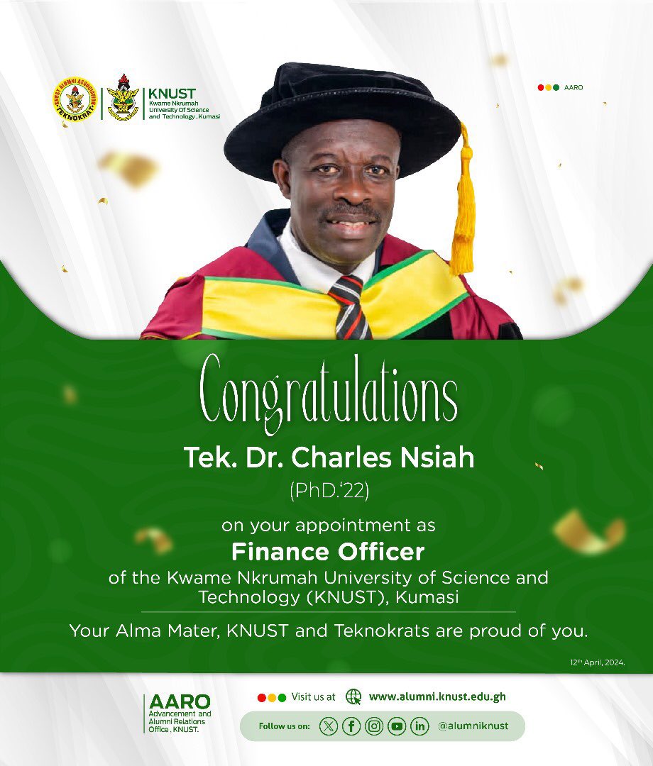 Dr. Charles Nsiah has been appointed as the Financial Officer for KNUST.

Dr. Charles is also an alumnus of KNUST.❤️✨

#WatsuptekReport