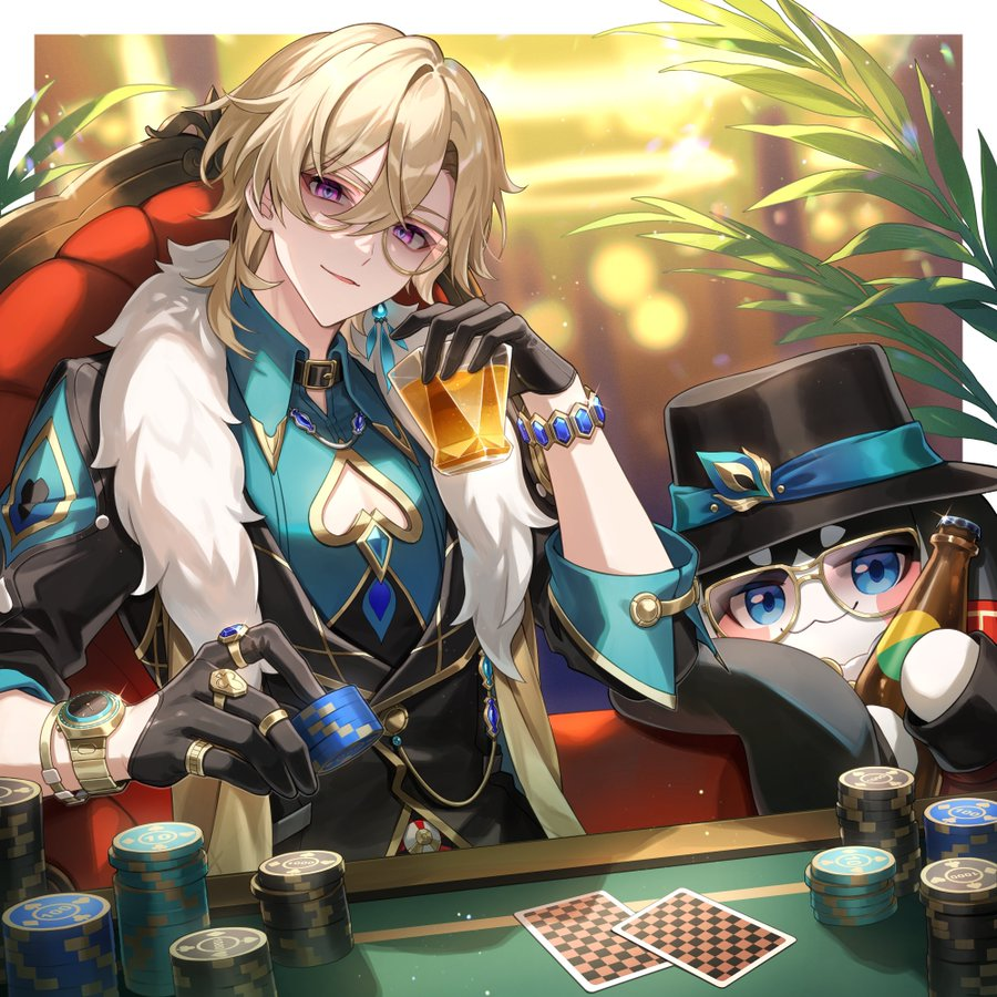 AventurineMains's tweet photo. Aventurine is so gorgeous in this new official art~
+ Pom-Pom wearing his hat 🥹

#Aventurine #HonkaiStarRail https://t.co/rzWmfXIaNQ