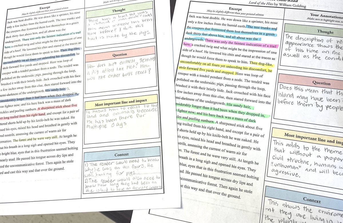 Really enjoyed this close reading task! Students worked in groups to mark and identify key ideas in an excerpt from LoTF (adapted from @MarcusLuther6