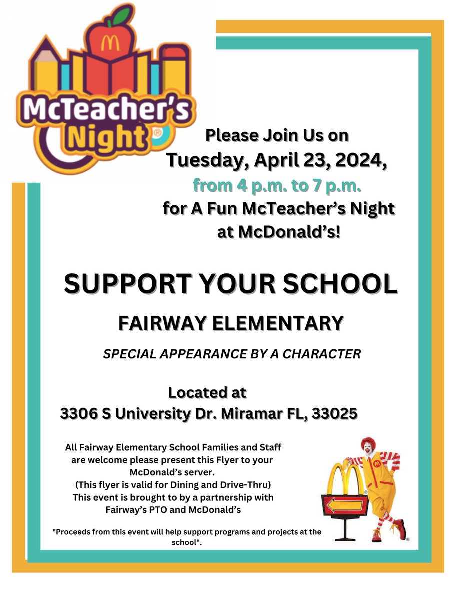 FairwayEs1641's tweet image. Come by and support, on Tuesday 4/23 #mcteachernight #McDonalds