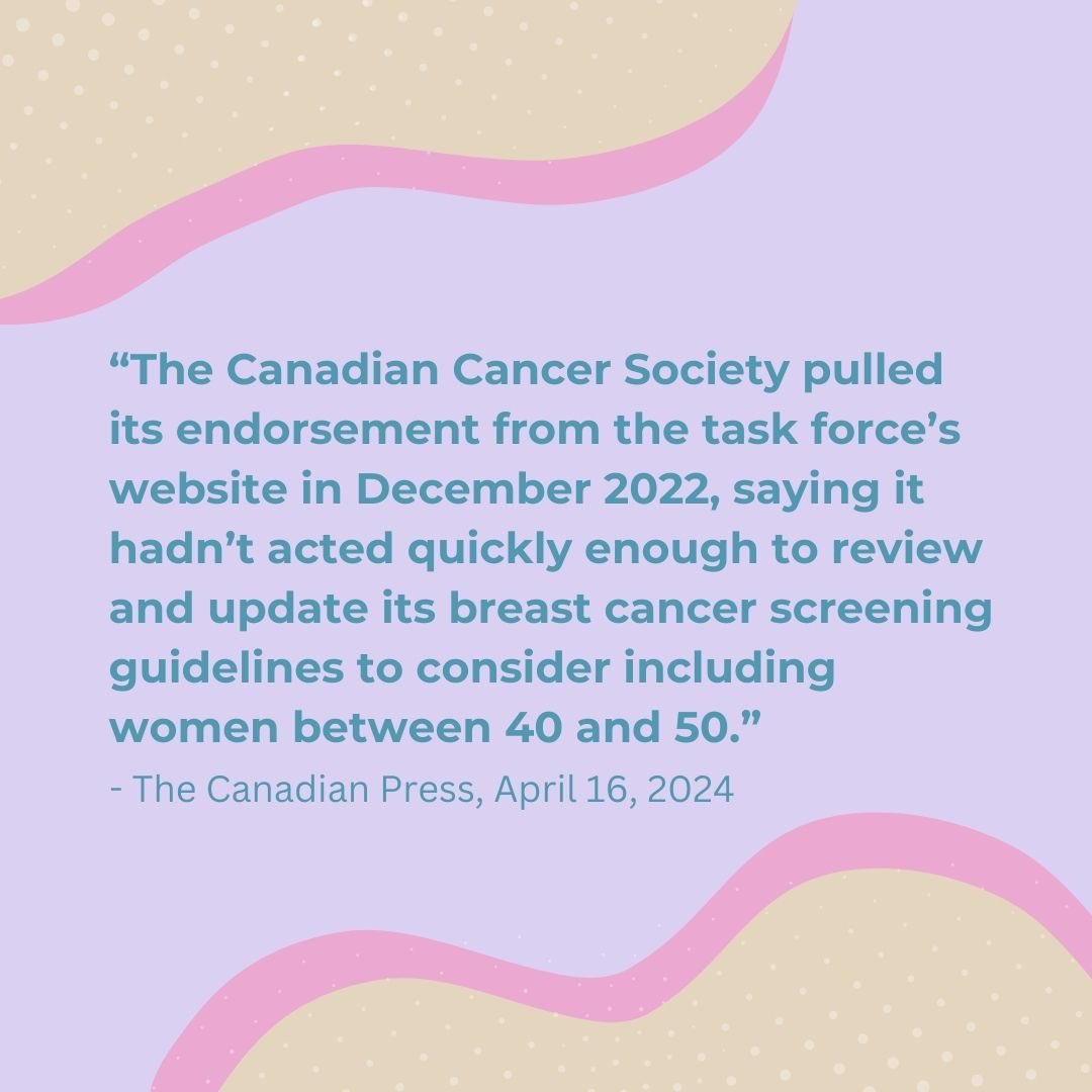 Thank you to ⁦@cancersociety⁩ and ⁦@NPsinCanada⁩ for withdrawing your endorsement of ⁦@cantaskforce⁩ 2018 breast screening guidelines.Thank you to the provinces who committed to lowering the screening age to 40. Thank you all for doing the right thing ⁦#cdnpoli