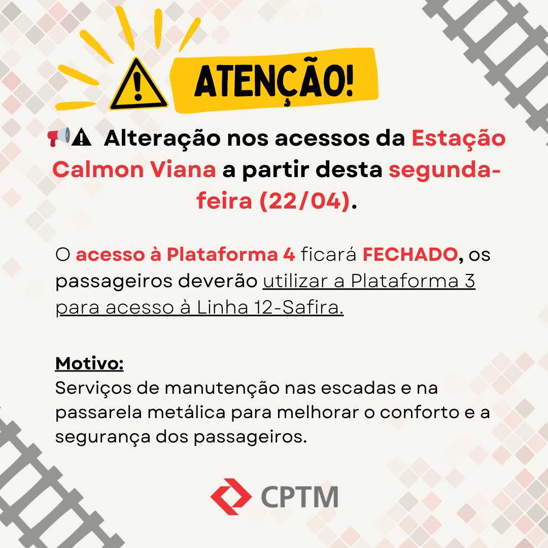 CPTM_oficial's tweet photo. #InformeCPTM - CPTM inicia manutenção da passarela metálica da Estação Calmon Viana nesta segunda-feira (22). https://t.co/RhM1uAxz8e