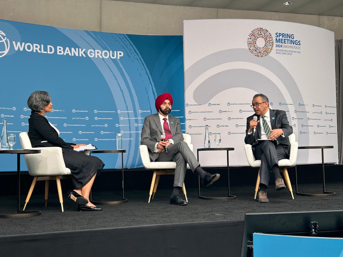 DrTedros's tweet photo. I very much enjoyed yesterday’s conversation with @WorldBank President Ajay Banga about our shared vision for #HealthForAll, and how to close gaps in universal health coverage. Political and financial commitment are key. 

#WBGMeetings https://t.co/SeHM3giWX2