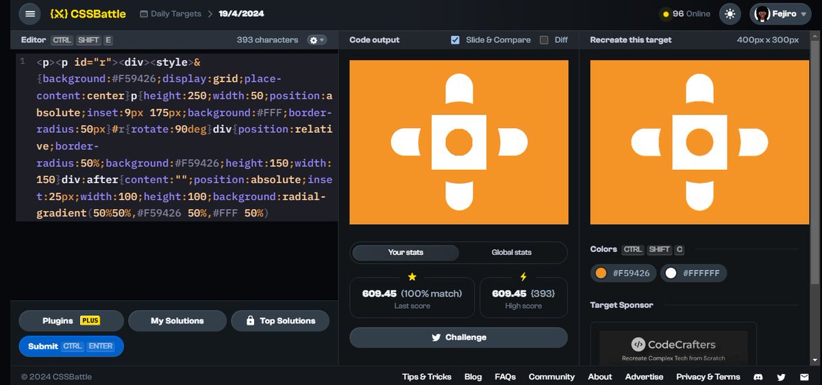 aberefejiro's tweet image. {⚔️} Day 4 of #CSSBattleDaily streak: Apr 19  — 609.45 score / 393 chars cssbattle.dev/play/t7NfJN0KJ… via @css_battle 
This took a while to get😅