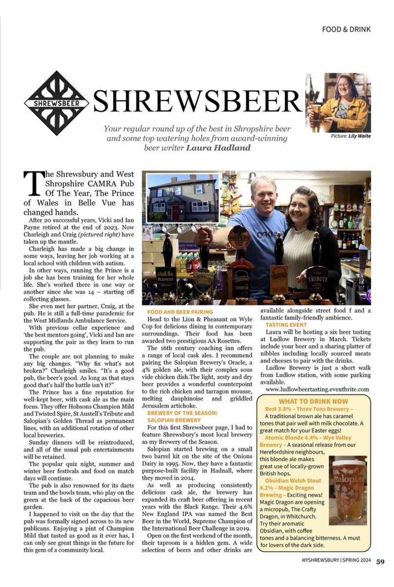 Shrewsbeer has landed in @MyShrews for Spring. My new column features The Prince of Wales, @SalopianBrewery, @Ludlowfoodfest, @ThreeTunsBrewer, @BrewingDragon and @WyeValleyBrew.