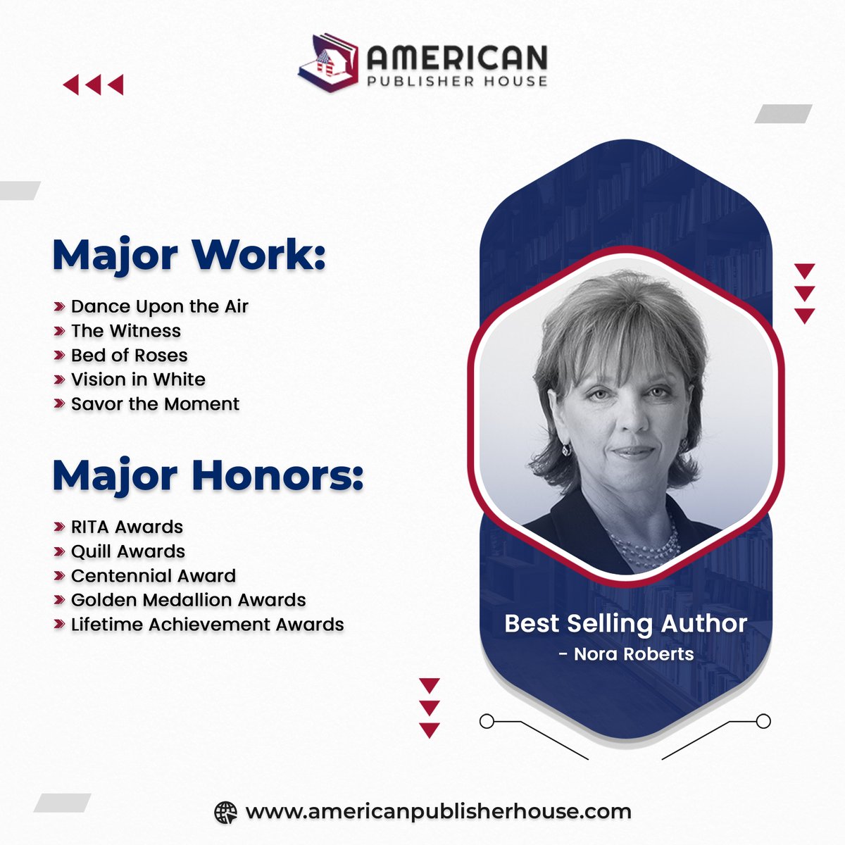 Nora Roberts is a prolific American author renowned for her romance novels, suspenseful thrillers, and gripping mysteries.

For more industry facts and updates, stay tuned with us:
lnkd.in/dveFXmDA
#AmericanPublisherHouse #NoraRoberts #BestSellingAuthor #Author
