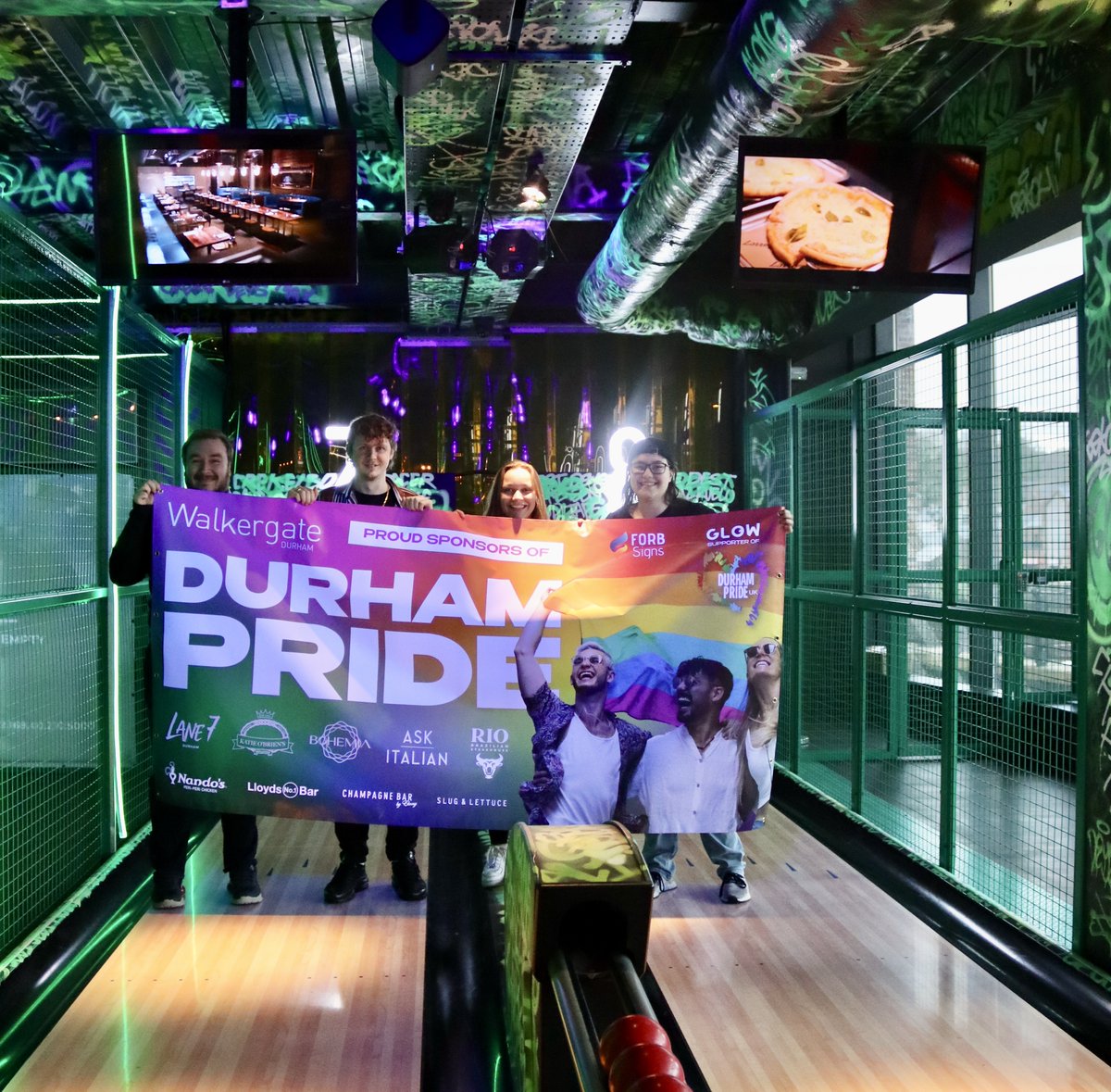 There's only6️⃣weeks to go until the BIGGEST Pride Festival #Durham has ever seen... ...And, LANE7 at @EnjoyWalkergate are here to give you the first sneaky peek of the banner that will lead this year's parade! 👀🏳️‍🌈 #DurhamPride tickets here: ow.ly/1NQW50RkbHn #LoveIsLove