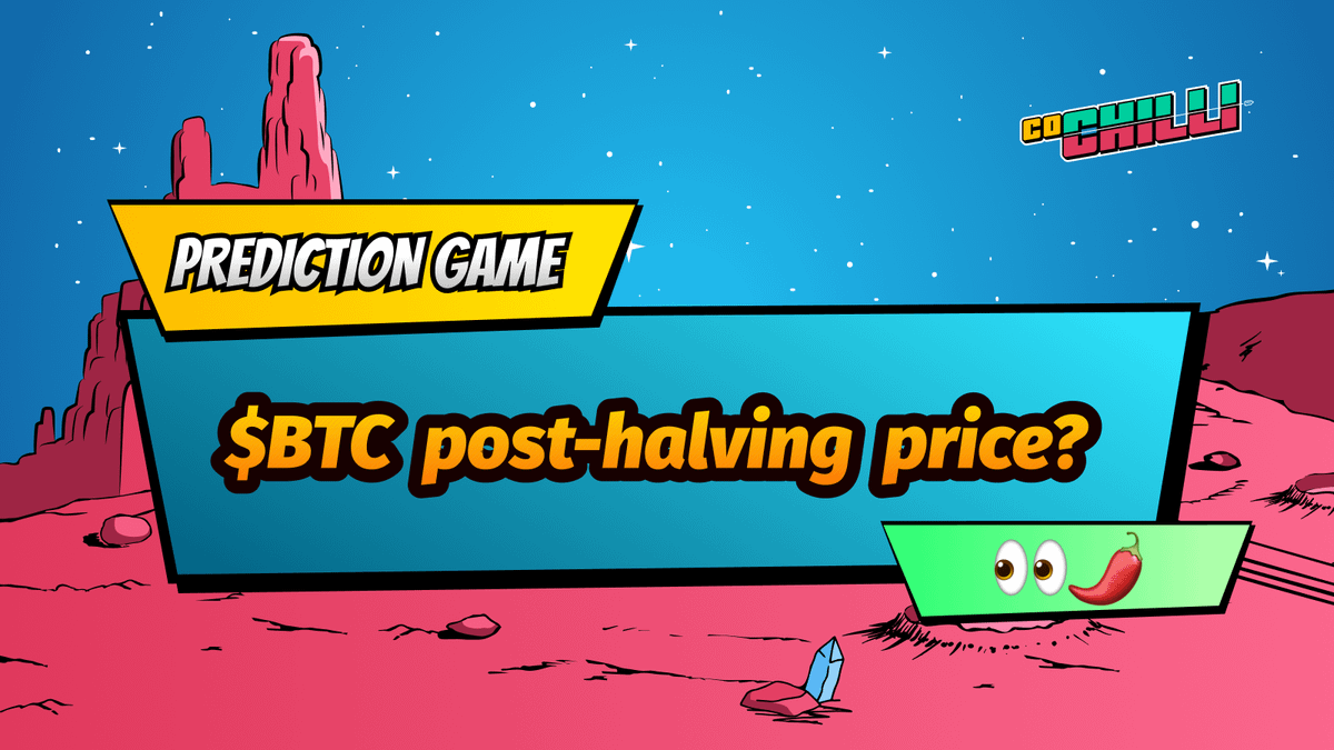 CoChilli_io's tweet photo. Predict the Bitcoin price 24 hours post-halving and WIN $100! 💰

How to participate? 👀

• RT &amp; Like
• Follow @CoChilli_io
• Comment your guess below! Only the first two numbers after the decimal matter. (e.g., $69,420)

Good luck Chilli's and happy halving! 🌶️ https://t.co/gOriZxrTj9