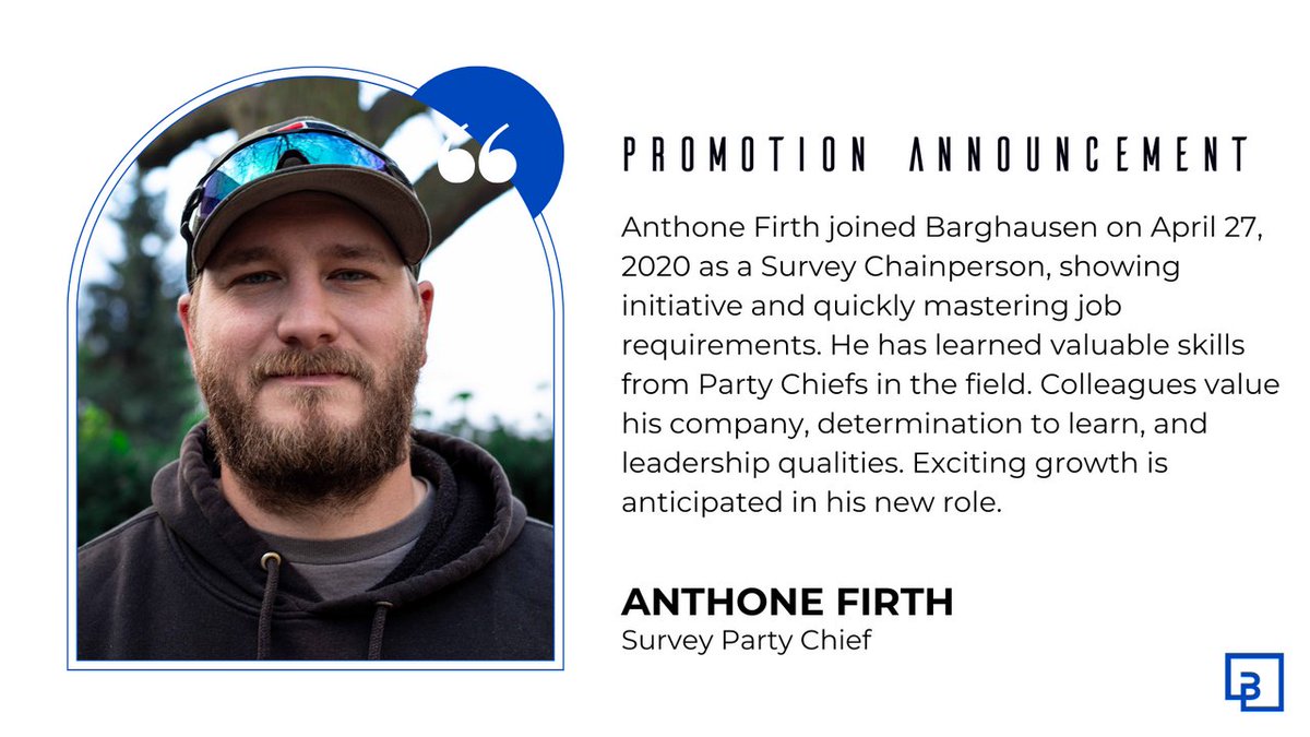 Congratulations, Anthone Firth on your recent promotion to Survey Party Chief! 🎉

#Barghausen | #civilengineers | #creativesolutions | #promotion