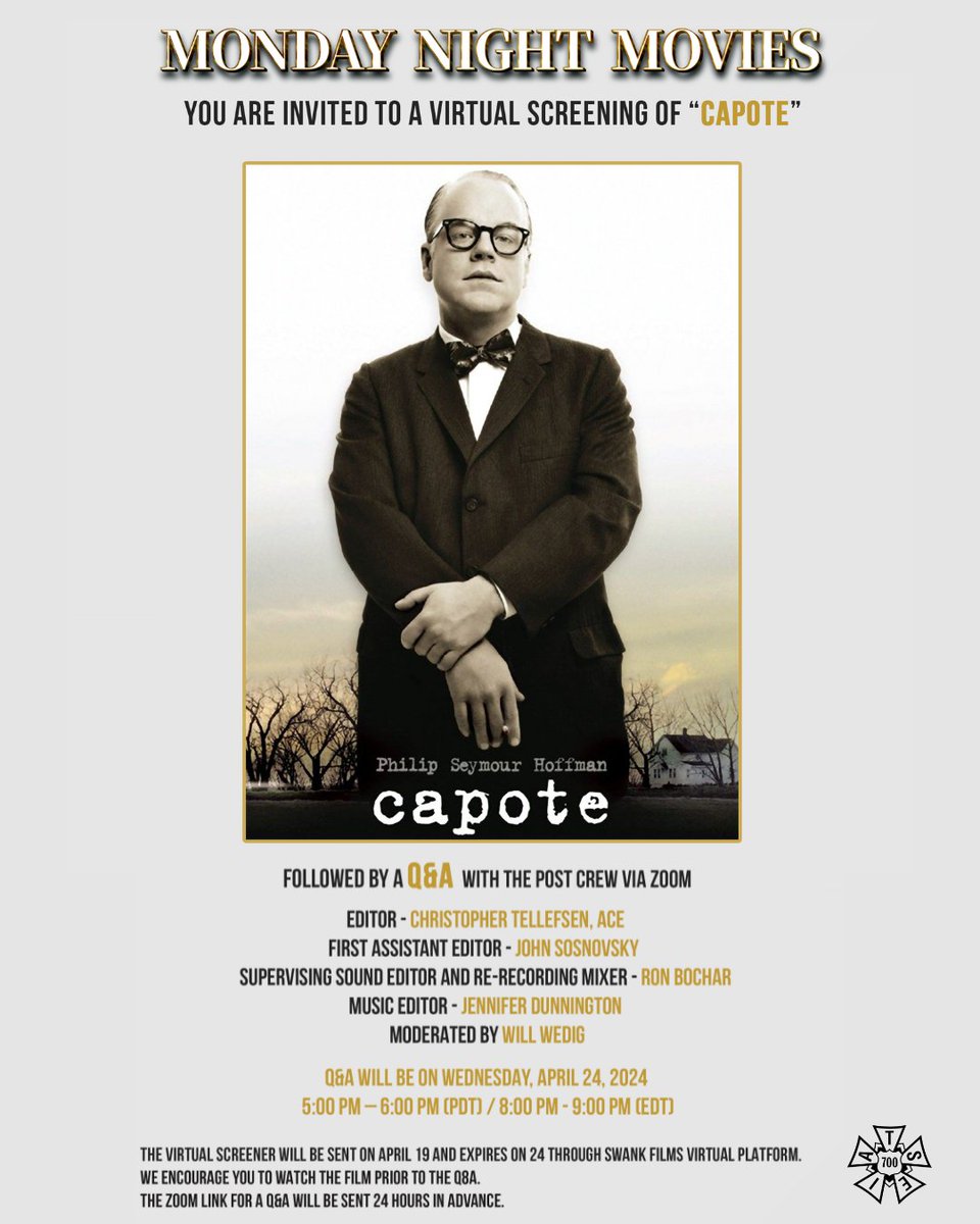 Watch Philip Seymour Hoffman as novelist Truman Capote in the 2005 film 'Capote' directed by Bennet Miller in this virtual screening followed by a Q+A with the post crew via Zoom. The virtual screener will be sent 4/19 with the Q+A on 4/24. RSVP: loom.ly/-FjrN70