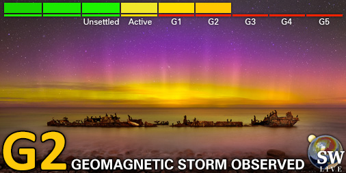 Moderate G2 geomagnetic storm (Kp6) Threshold Reached: 19:35 UTC Follow live on spaceweather.live/l/kp