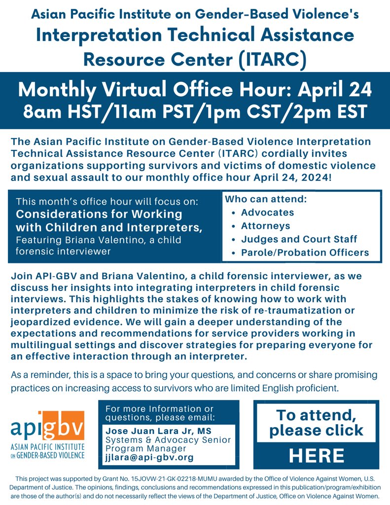 Our next Language Access office hour is next Wednesday! Join us on April 24th at 11am PT/2pm ET as we discuss considerations for working with children and interpreters. Learn more and RSVP: us06web.zoom.us/meeting/regist… #EndGBV #SupportSurvivors #LanguageAccess #SAAM
