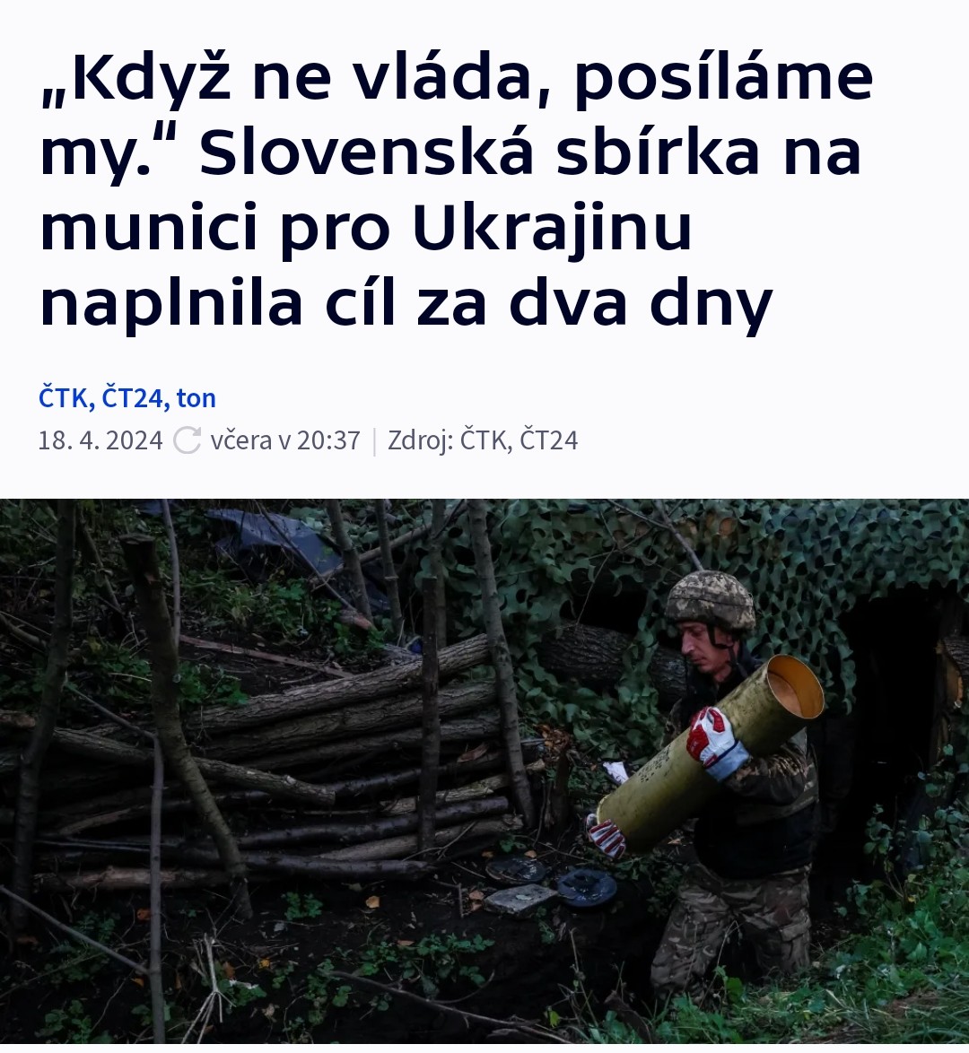 'Když ne vláda, posíláme my.' 🇸🇰🇺🇦 Slováci vybrali na nákup munice pro Ukrajinu přes 40 milionů korun za pouhé dva dny. Jde o částku vyšší než dala třeba slovinská vláda. Přes 25 000 dárců, díky kterým jde o jednu z nej sbírek na Slovensku. Hrdost. 🤍💙❤️