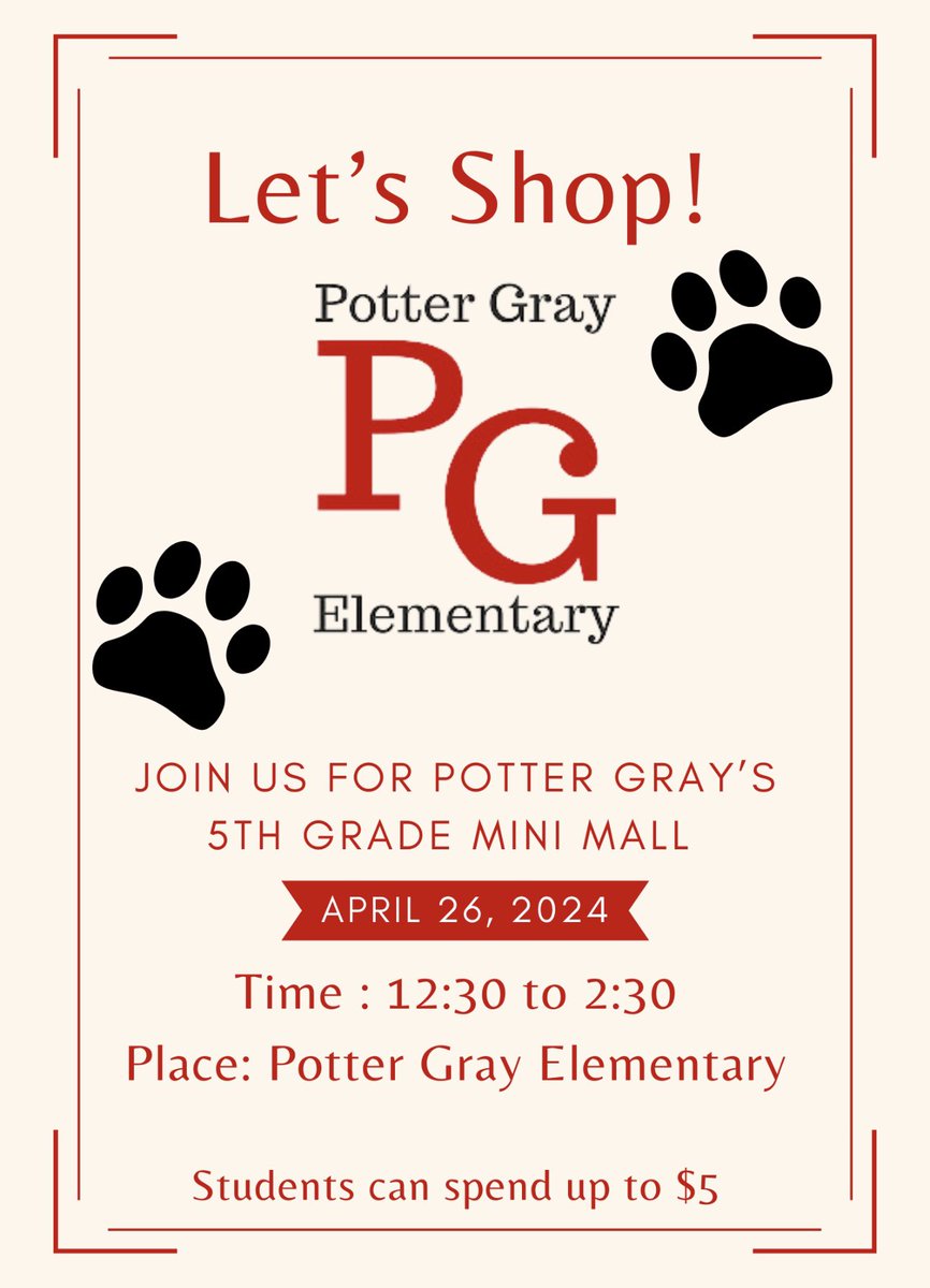 PotterGrayPride's tweet photo. One week from today! Come and shop at our 5th Grade Mini Mall. Student created and student ran! #Letsshop! https://t.co/AuTybqn2eC