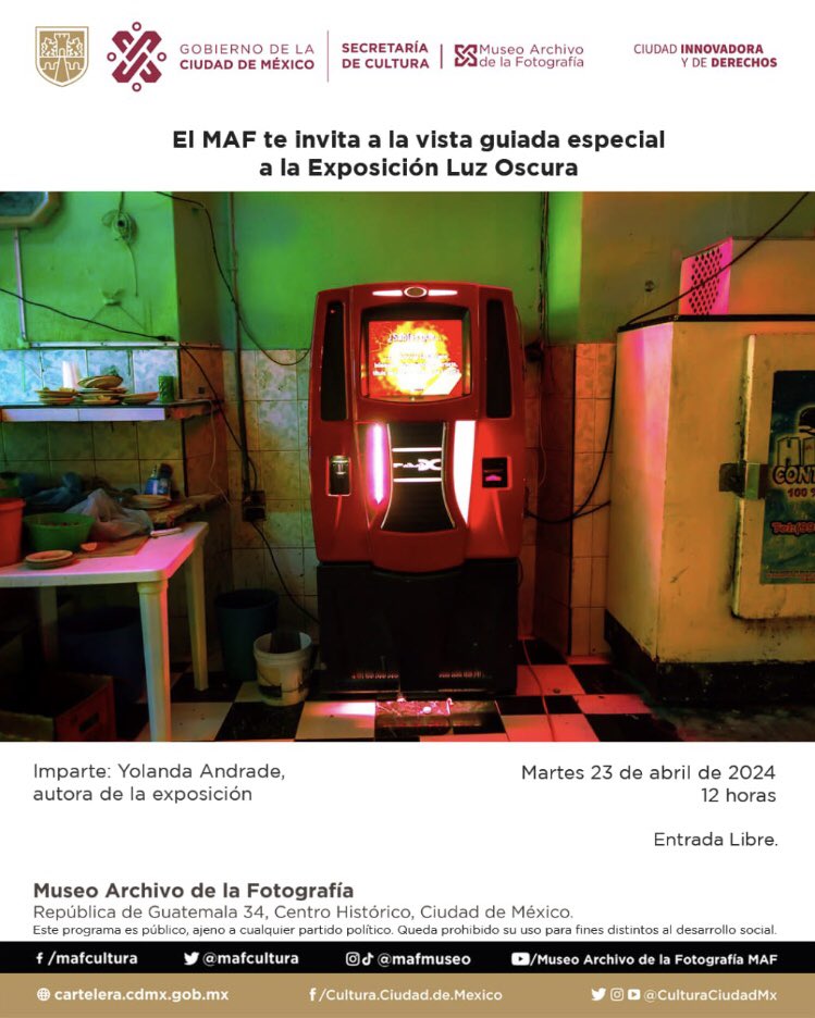 <a href="/MUSEOMODO/">MuseoObjetodelObjeto</a> <a href="/La_Rodadora/">La Rodadora</a> <a href="/PapagayoTabasco/">Museo Papagayo</a> <a href="/TrompoMuseo/">El Trompo MIT ®</a> <a href="/UniversumMuseo/">Universum Museo</a> <a href="/MHNCA_CDMX/">Historia Natural MX</a> Acompañamos a la visita guiada que nos brinda la fotógrafa Yolanda Andrade en la exposición “Luz Oscura”. Los esperamos el próximo martes 23 📷📸