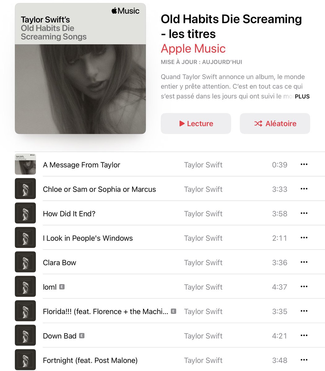 AngelineLayet's tweet image. OMG ! 🗒️ Les playlists Apple Music ont été maj avec #TSTTPD 🤍🪶