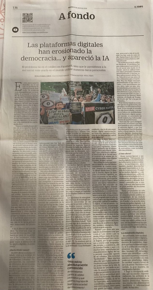 𝐋𝐚𝐬 𝐩𝐥𝐚𝐭𝐚𝐟𝐨𝐫𝐦𝐚𝐬 𝐝𝐢𝐠𝐢𝐭𝐚𝐥𝐞𝐬 𝐡𝐚𝐧 𝐞𝐫𝐨𝐬𝐢𝐨𝐧𝐚𝐝𝐨 𝐥𝐚 𝐝𝐞𝐦𝐨𝐜𝐫𝐚𝐜𝐢𝐚… 𝐲 𝐚𝐩𝐚𝐫𝐞𝐜𝐢𝐨́ 𝐥𝐚 𝐈𝐀. Los invito a leer mi reflexión en <a href="/ELTIEMPO/">EL TIEMPO</a> de hoy.  Hoy estoy absolutamente convencido de que estamos camino al cadalso informativo y que