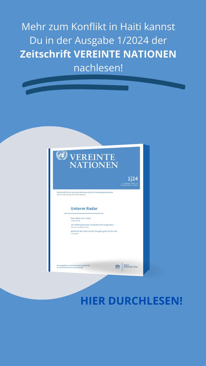 Was passiert gerade in #Haiti? Die Gewalt in Haiti nimmt seit 2017 weiter zu, der Bedarf für #humanitäreHilfe steigt. Was können die #UN unternehmen? Mehr zum Thema findet ihr in der Ausgabe 1/2024 der Zeitschrift #VereinteNationen: zeitschrift-vereinte-nationen.de/suche/zvn/arti…