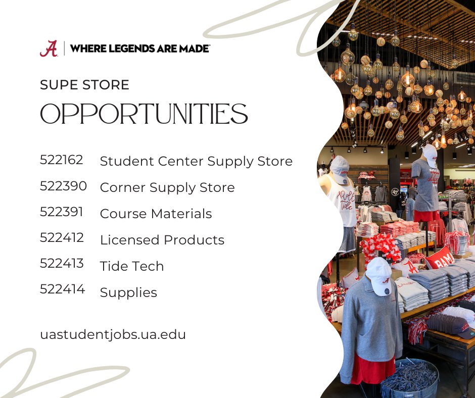🛍️There are many student job opportunities at the Supe Store! For more information and to apply, visit uastudentjobs.ua.edu.

#UAStudentJobs #WhereLegendsAreMade #theuniversityofalabama #studentemployment #JoinOurTeam #applynow