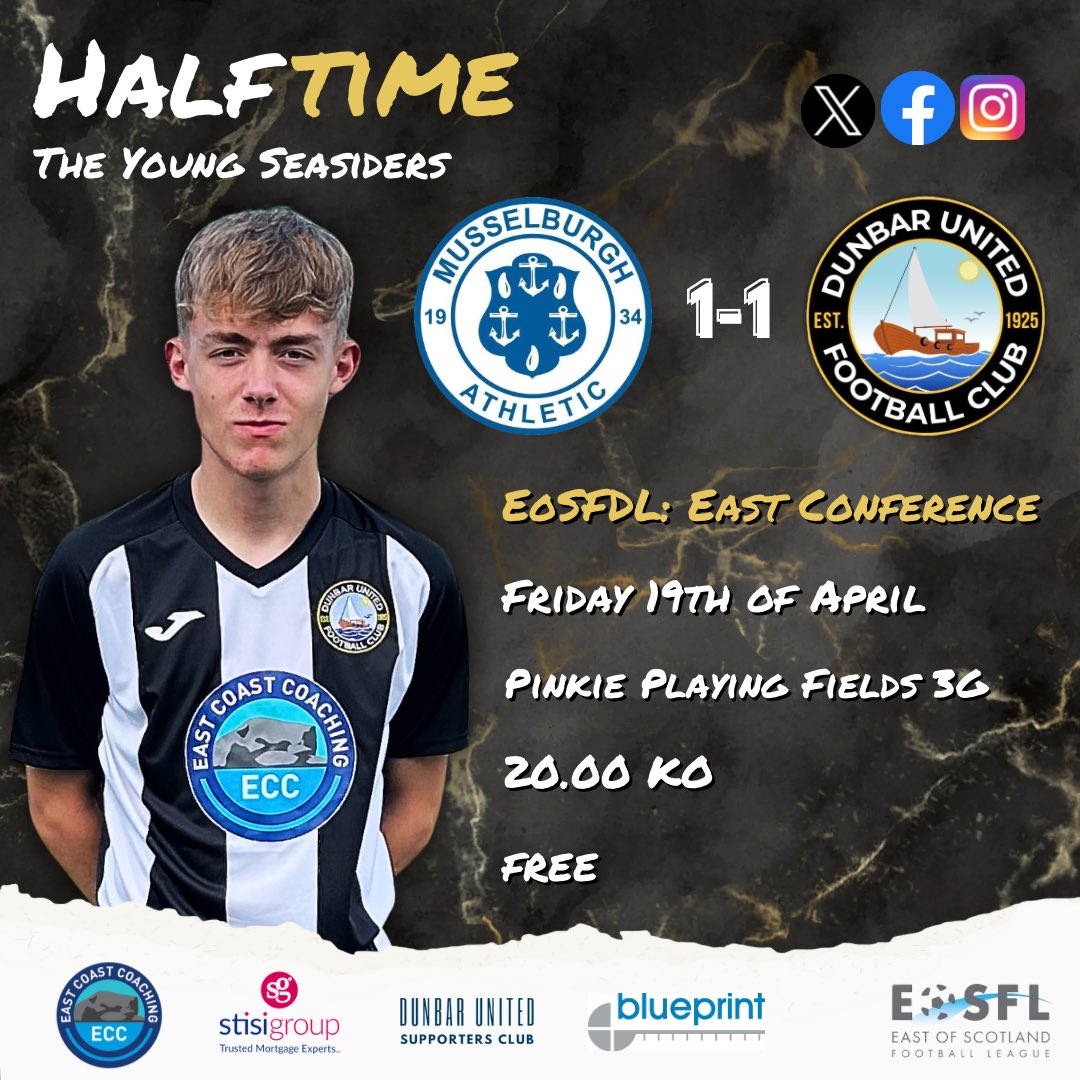 ⏳ | HALF TIME SCORE Musselburgh Athletic FC U20’s 1 Dunbar United U20’s 1 Goals: Musselburgh Athletic FC U20’s ⚽️ 25 mins. Dunbar United U20’s: ⚽️ Gregor Goldie: 8 mins. 🏁