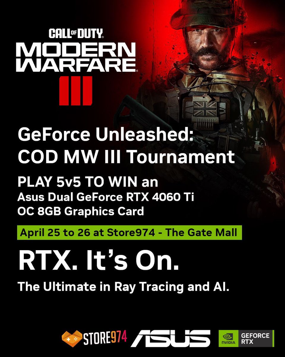 qecgg_'s tweet photo. 🚨Our Next Project is #GeForce Unleashed: #Callofduty #MWIII search &amp; destroy 5v5 Tournament by #Store974 !

The tournament will be held 2 days as a LAN tournament at @store974 the gatemall.

Register now to win RTX 4060 Ti!

https://t.co/p87PUjBgqL

#qatarcommunity #qatar https://t.co/jVhPX0uXFq