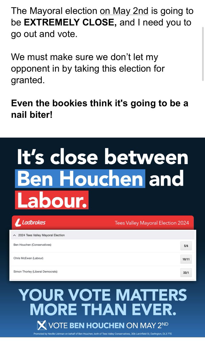 Should this not read it’s close between a Conservative and Labour candidate? or has Ben Houchen now become his own political party? 

His really trying hard to distance himself from the Conservatives, is he ashamed of them?

#voteconservativesout 

#votehouchenout

#BinBen