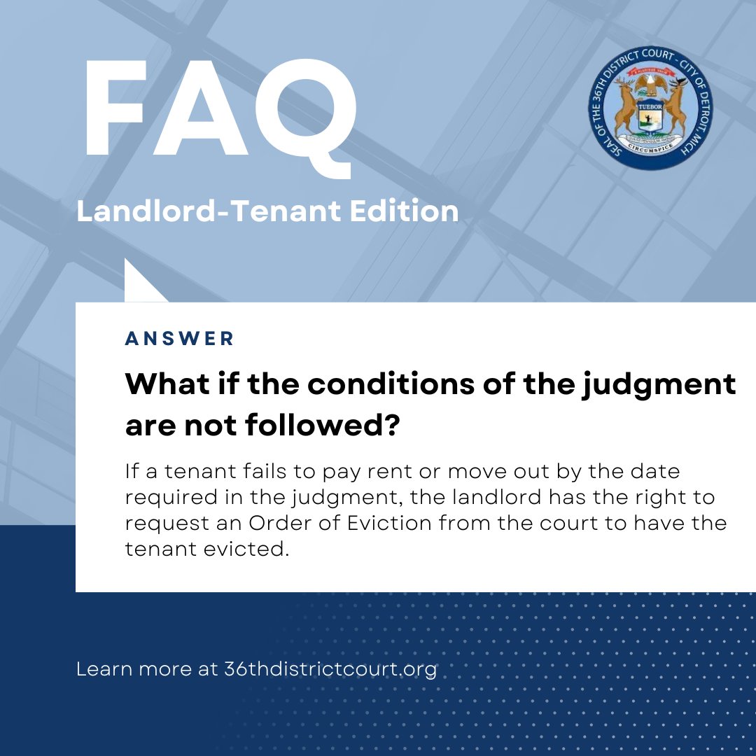 36thCourt's tweet photo. Here’s our next FAQ for the Landlord-Tenant Division: What if the conditions of the judgment are not followed?

Learn more about eviction and get access to legal resources at: https://t.co/M0yZ9ZTOjl https://t.co/pPe5reyAmc