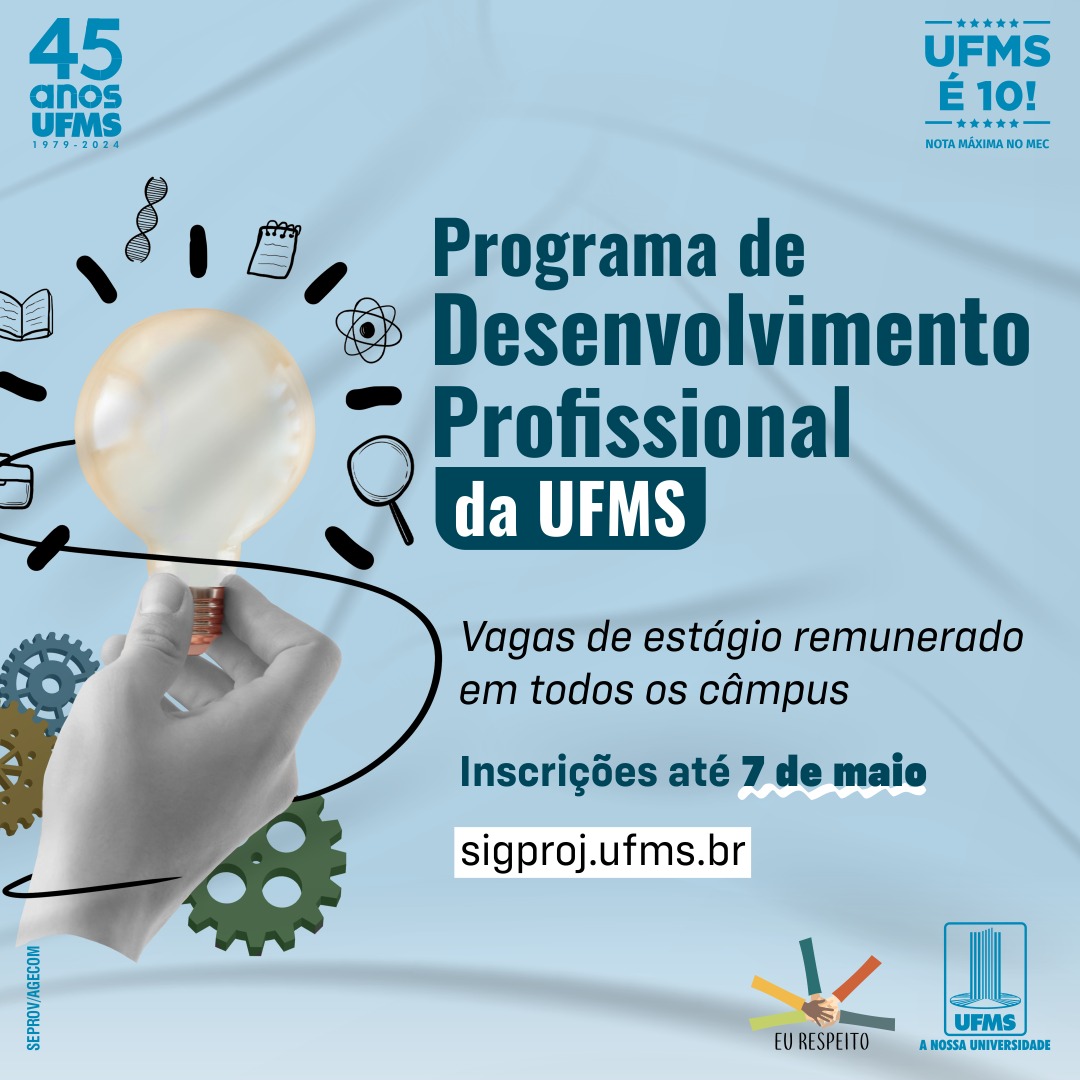 Procurando um estágio remunerado? Chega mais! 🤜🏼🤛🏾 Estudantes dos cursos de graduação presencial ou de Educação a Distância de todos os câmpus podem participar do processo seletivo para o Programa de Desenvolvimento Profissional da UFMS. 🔗 Confira: link.ufms.br/DUgm6