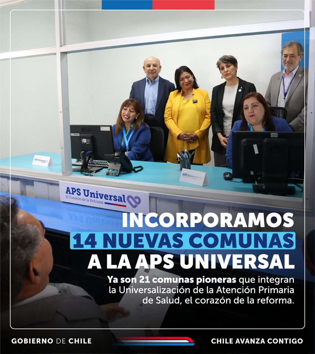ministeriosalud's tweet photo. 👏🏼¡Ya son 21 comunas pioneras que integran la Atención Primaria de Salud Universal!

Desde hoy las vecinas y vecinos inscritos en estas 14 nuevas comunas, podrán atenderse en la APS independiente de su previsión de salud. Una iniciativa que cumple con el mandato del Presidente @GabrielBoric, de dar paso a la trasformación del sistema de salud chileno en un Sistema Universal de Salud para todas las personas. 

¡Seguimos avanzando en la reforma de salud!

#ChileAvanzaContigo #APSUniversal