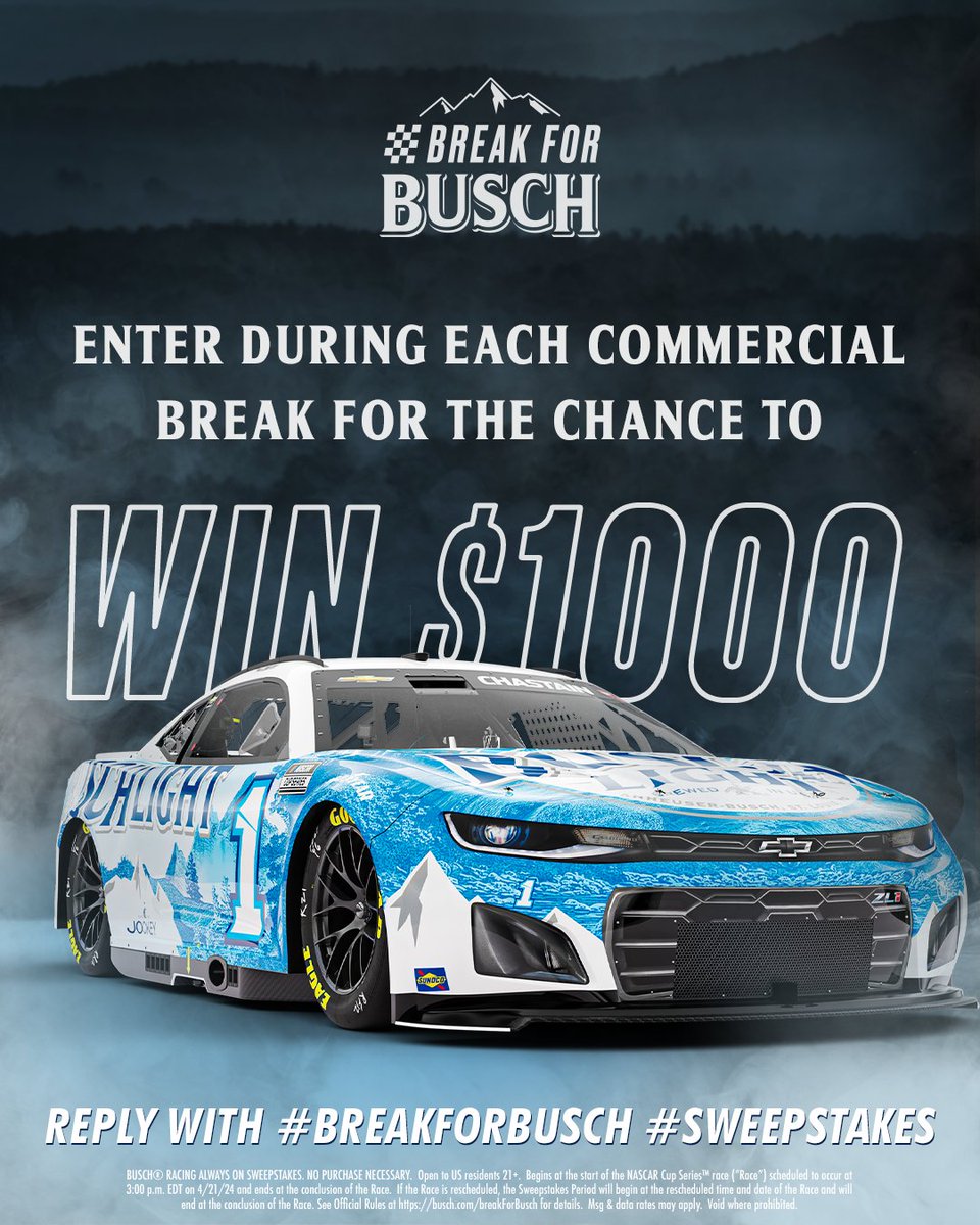 GOOD MORNIN’ @TALLADEGA​

Remember to turn on your notifications and TUNE IN to the #Geico500 for a chance to win $1,000!  All you have to do is enter using #BreakForBusch #Sweepstakes during ALL of the commercial breaks.