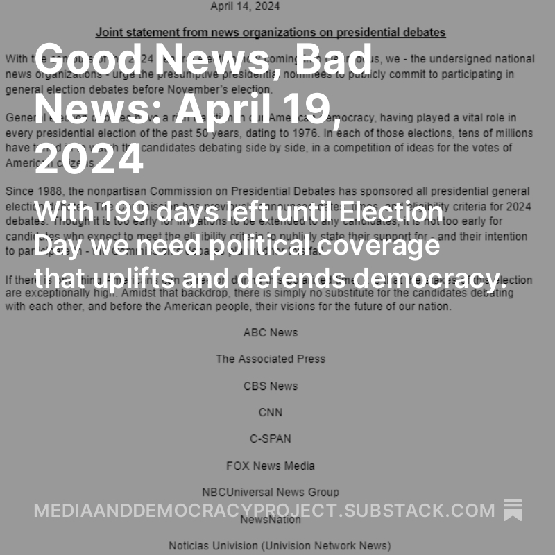 Latest 'Good News, Bad News' is up. Each week we compare our Pro-Democracy Election Coverage Guidelines with ongoing coverage. Feat. insights/reporting from: @susanbordson, @jamisonfoser, @AlexanderTabet, @GStephanopoulos, & @brianklaas. Read it here: open.substack.com/pub/mediaandde…