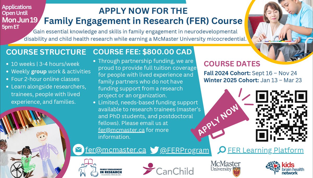 Applications are now open for the next two cohorts of the Family Engagement in Research Course. Fall 2024: Sept. 16 - Nov. 24 Winter 2025: Jan. 13 - Mar. 23 Apply today at the following link: redcap.link/FER2425 #patientengagement #childhealth #parenting