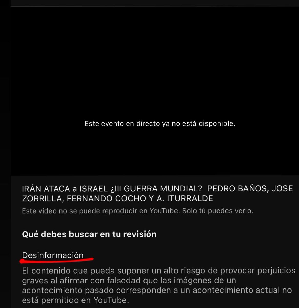 Damas y caballeros Youtube acaba de retirar unilateralmente la cobertura en directo que hicimos del ataque de Irán a Israel el pasado sábado junto con @geoestratego @a_iturralde Jose Antonio Zorrilla y Fernando Cocho. Llegamos a más de 30.000 puntos de emisión simultáneos y mas