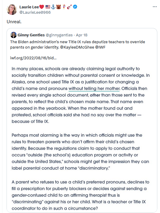 Yes, Laurie, this is unreal -- because this entire bigoted screed you've reposted is a lie. Title IX doesn't do any of this. What it does do, now, is protect #transgender students from the intolerance you promote. #Arkansas #arpx