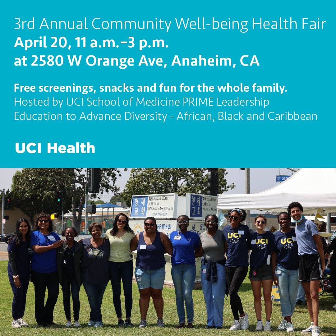 Join UCI School of Medicine PRIME LEAD-ABC on April 20 for the 3rd Annual Community Well-being Health Fair. Free screenings and opportunities to learn more about heart health, nutrition, diabetes and more. Register for this free community event at bit.ly/49yDZz8