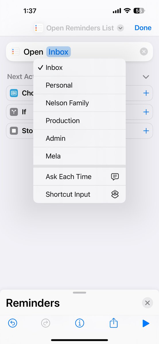 I use a custom smart list for my 'today' view in Reminders (default doesn't allow for custom parameters and is thus not very 'smart' at all). Want to map Action Button to that Smart List, but it's not an option. So, Shortcuts... right? Well, Shortcuts lets me open a 'Smart List'