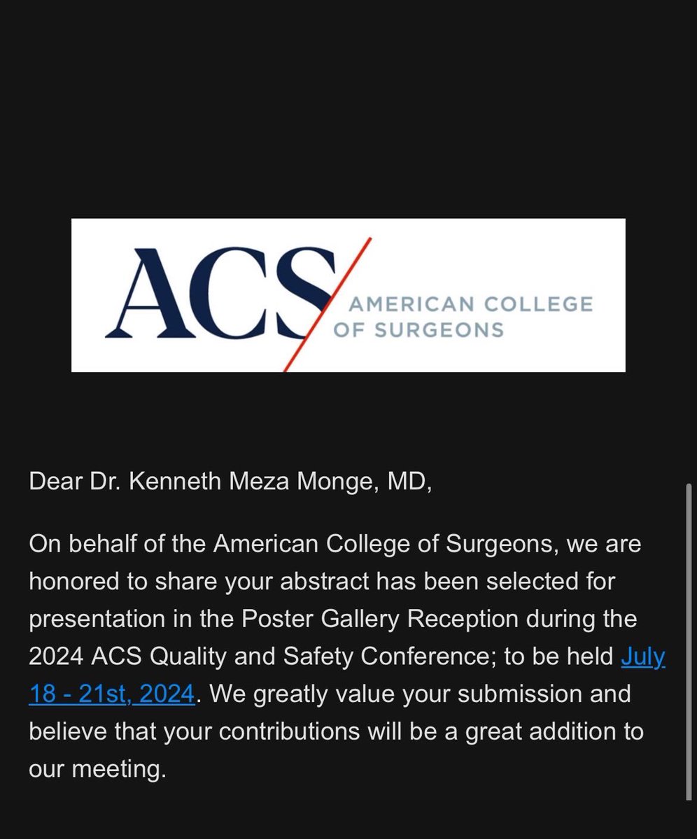 Excited to present my burn injury research project at the ACS Quality and Safety conference this July in Denver. Thanks @AmCollSurgeons for the opportunity! #ACSQualitySafety #Research #BurnInjury #CUanschutz 🔥👨🏻‍🔬⚕️