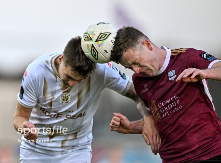 Lashing into the header! Killian Brouder of Galway United in action against Sean Boyd of Shelbourne during the SSE Airtricity Men's Premier Division match at Eamonn Deacy Park. 📸 @SportsfileSam sportsfile.com/more-images/77…