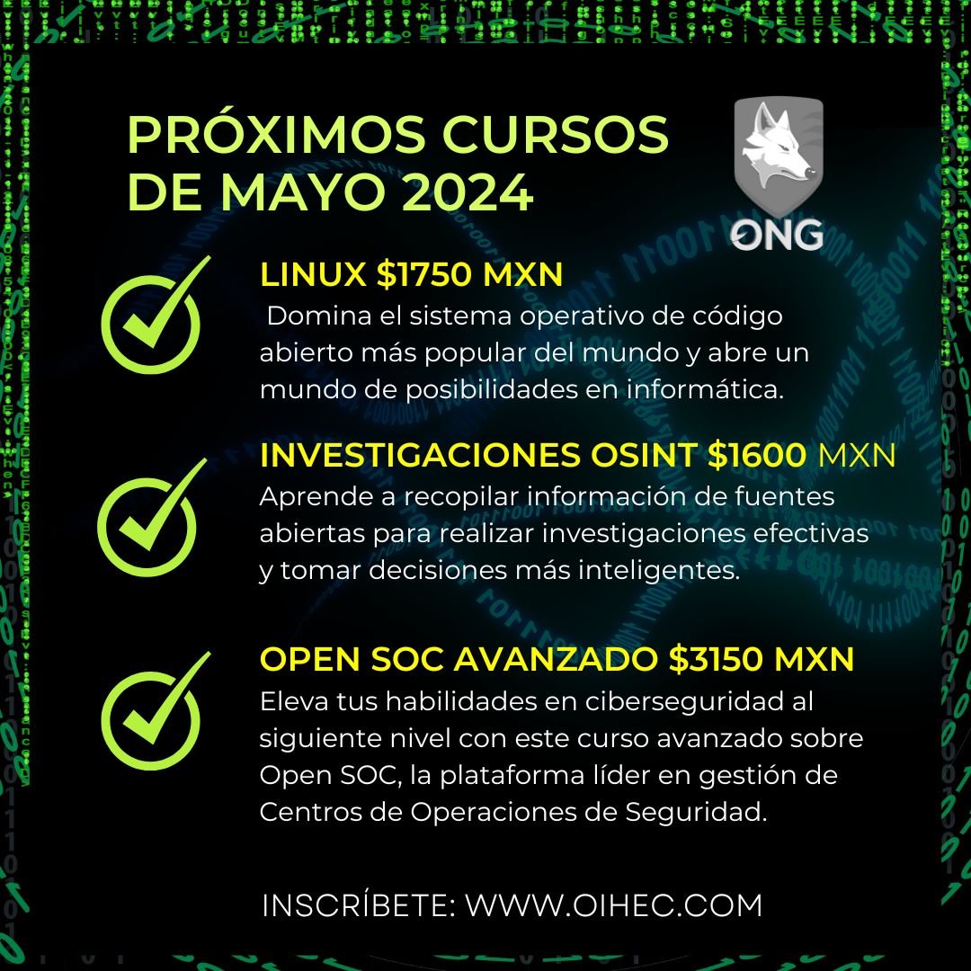 HackersOIHEC's tweet photo. Nuevos cursos en Mayo #linux #osint #opensoc https://t.co/kXplagDAdh
