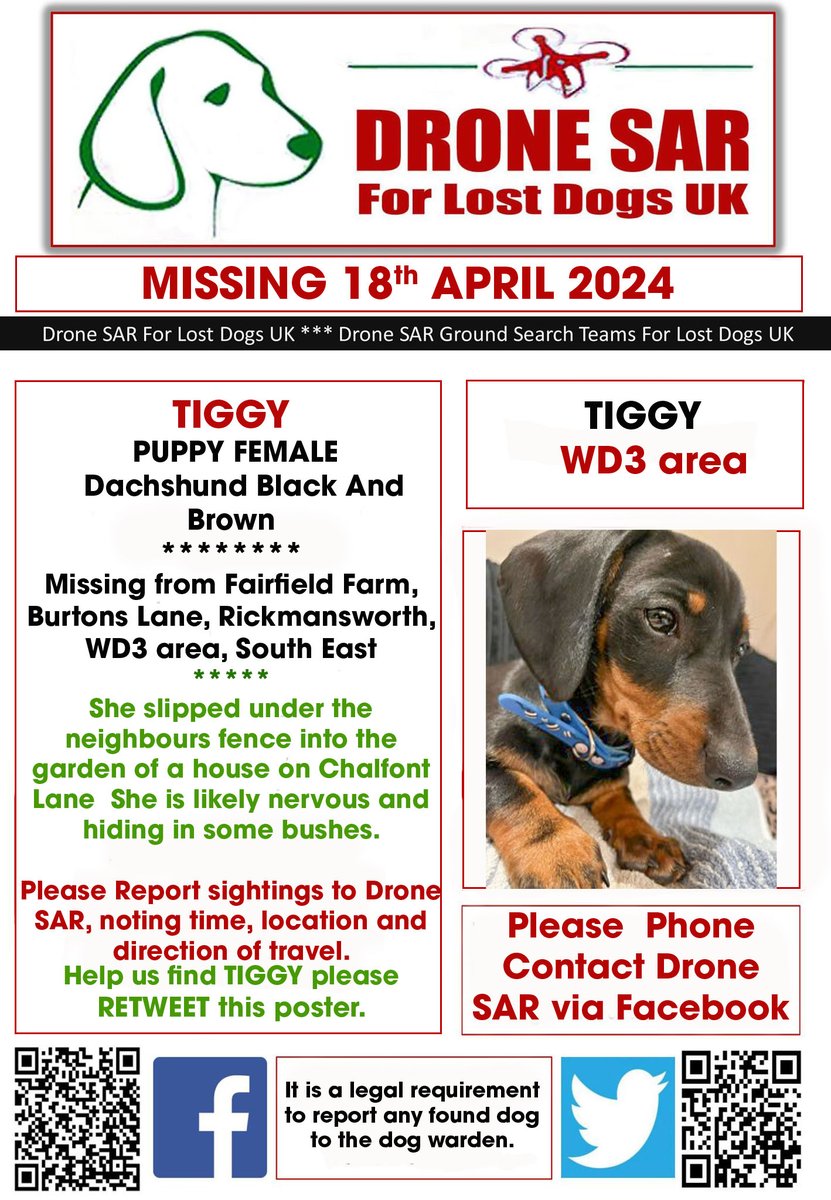 #LostDog #Alert TIGGY
Female Dachshund Black And Brown (Age: Puppy)
Missing from Fairfield Farm, Burtons Lane, Rickmansworth, WD3 area, South East on Thursday, 18th April 2024 #DroneSAR #MissingDog