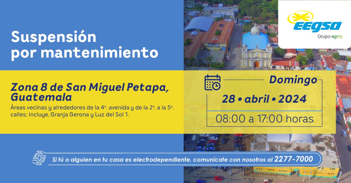 ¡Zona 8 de San Miguel Petapa, Guatemala!
Para continuar entregando buena energía, informamos que realizaremos mantenimiento a nuestra red, este 🗓 domingo 28 de abril
🤳📲Conoce más fechas y puntos de mantenimiento en nuestra web eegsa.com/prensa/#avisos… Agradecemos su comprensión